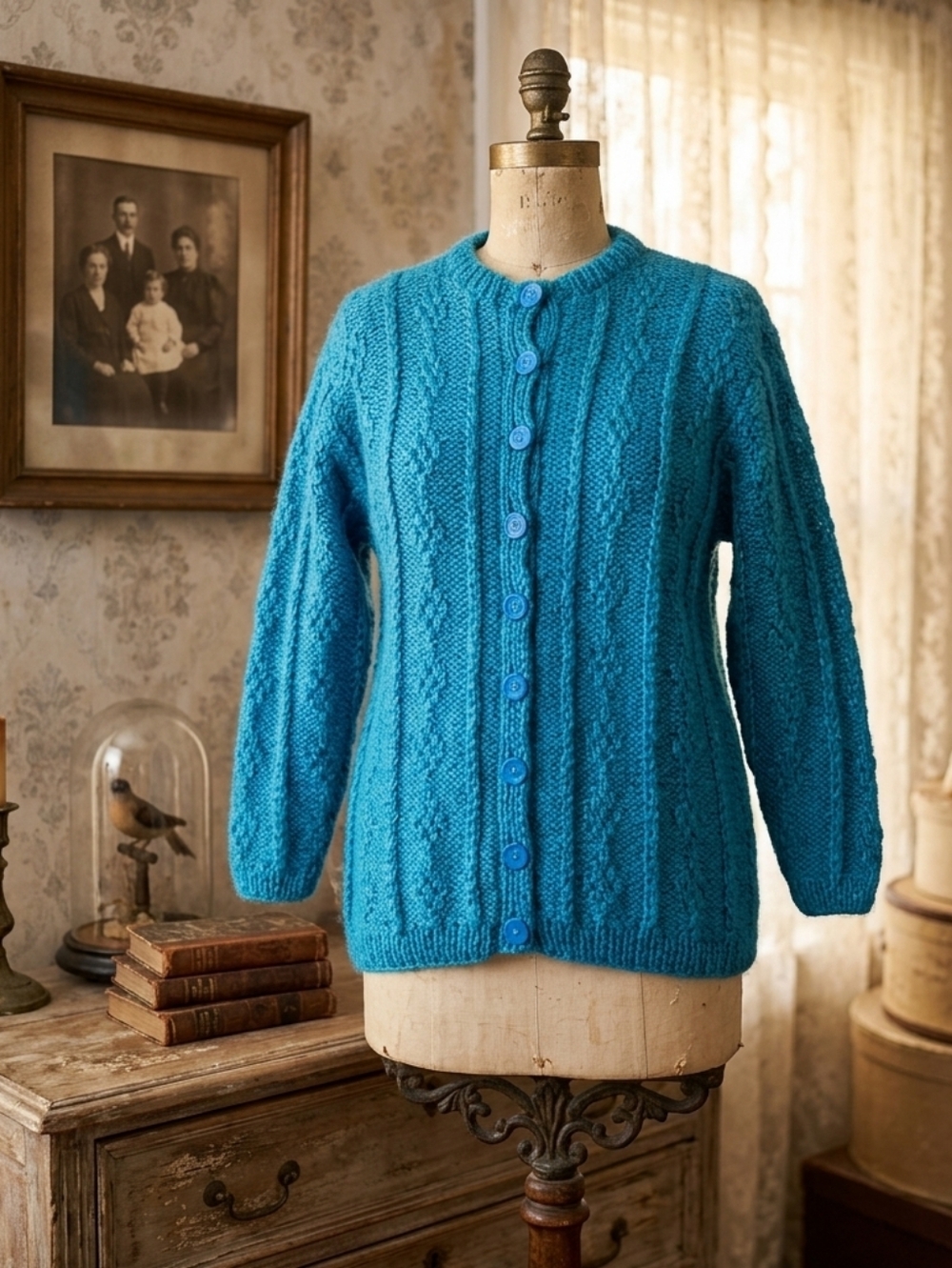 Handmade Vintage Blue Knit Cardigan Sweater | Textured Cable | Oversized Fit